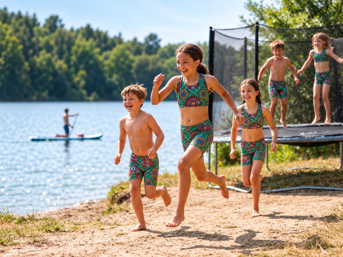 AI-generated visualisation: four children running and jumping on a trampoline beside a freshwater lake, wearing green medallion-print shorts and matching crop tops.